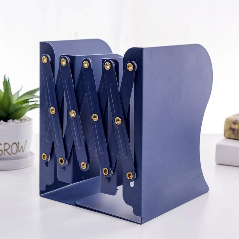 JIARI Book Ends, Blue Decorative Metal Iron Bookends Holder Stand Desk Nonskid Adjustable Bookend (Blue) - Image 2